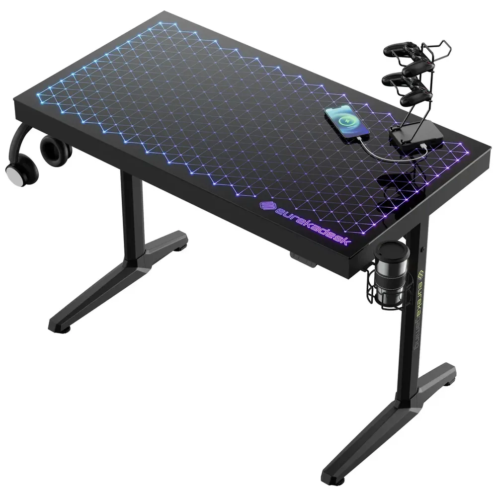 Gaming Desk GTG 143 V3 - LED RGB Lights  - Cup Holder; Headset Stand - Black