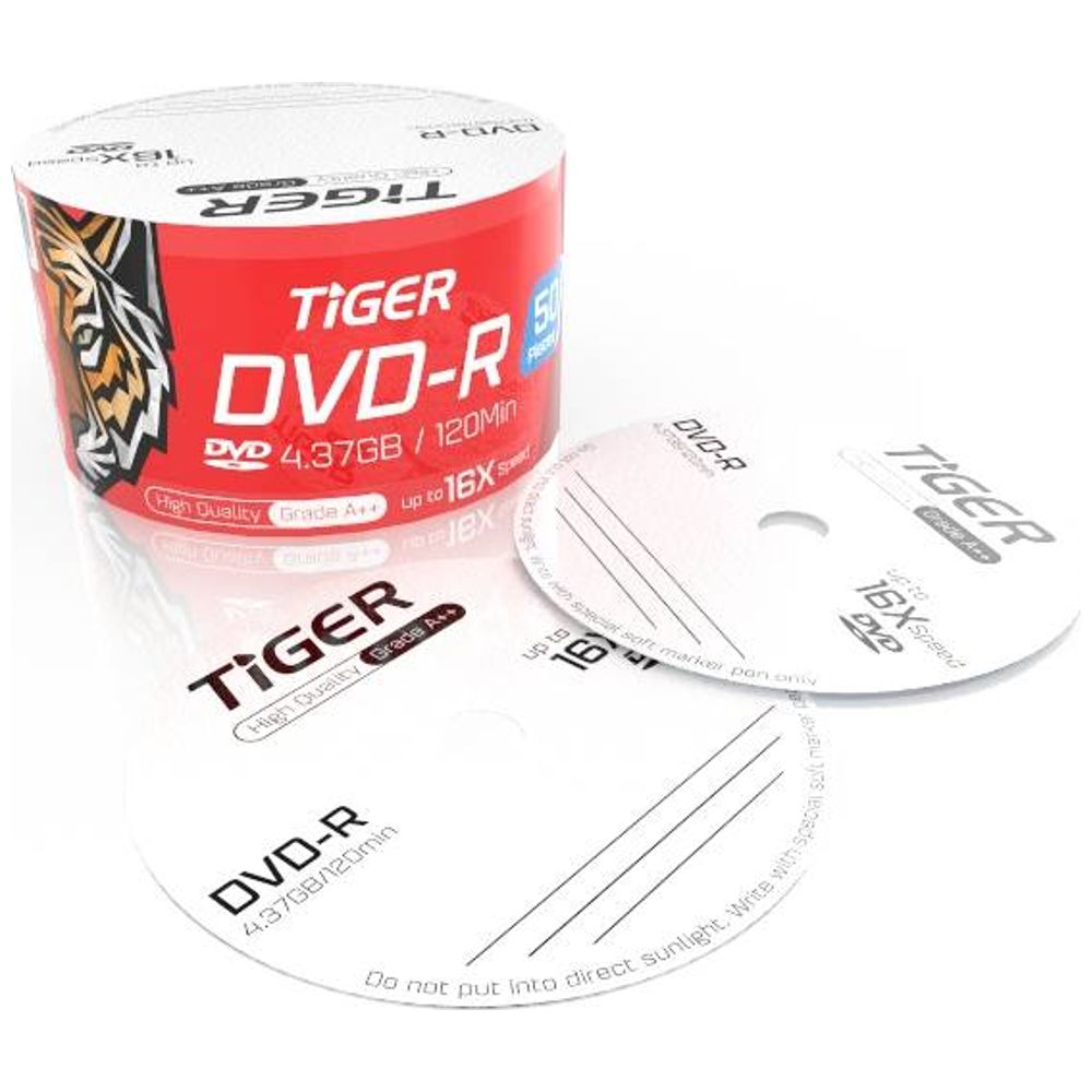 TiGER TiGER High-Quality DVD-R Discs - 4.37GB per Disc - 50 Discs - 16X Write Speed 4.37GB, 50 discs, 16X