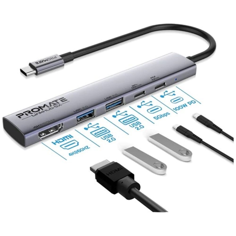 Promate Promate LinkHub 5X - Multi Function USB-C Hub - 100W - 0.2m - Gray 100W, 0.2m – 45,000 IQD Iraq