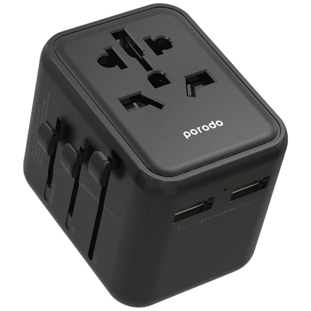 Porodo 12WUTA Fast Travel Adapter - Dual USB-A Ports - Compatible in 150+ Countries - Black 12W – 27,000 IQD Iraq