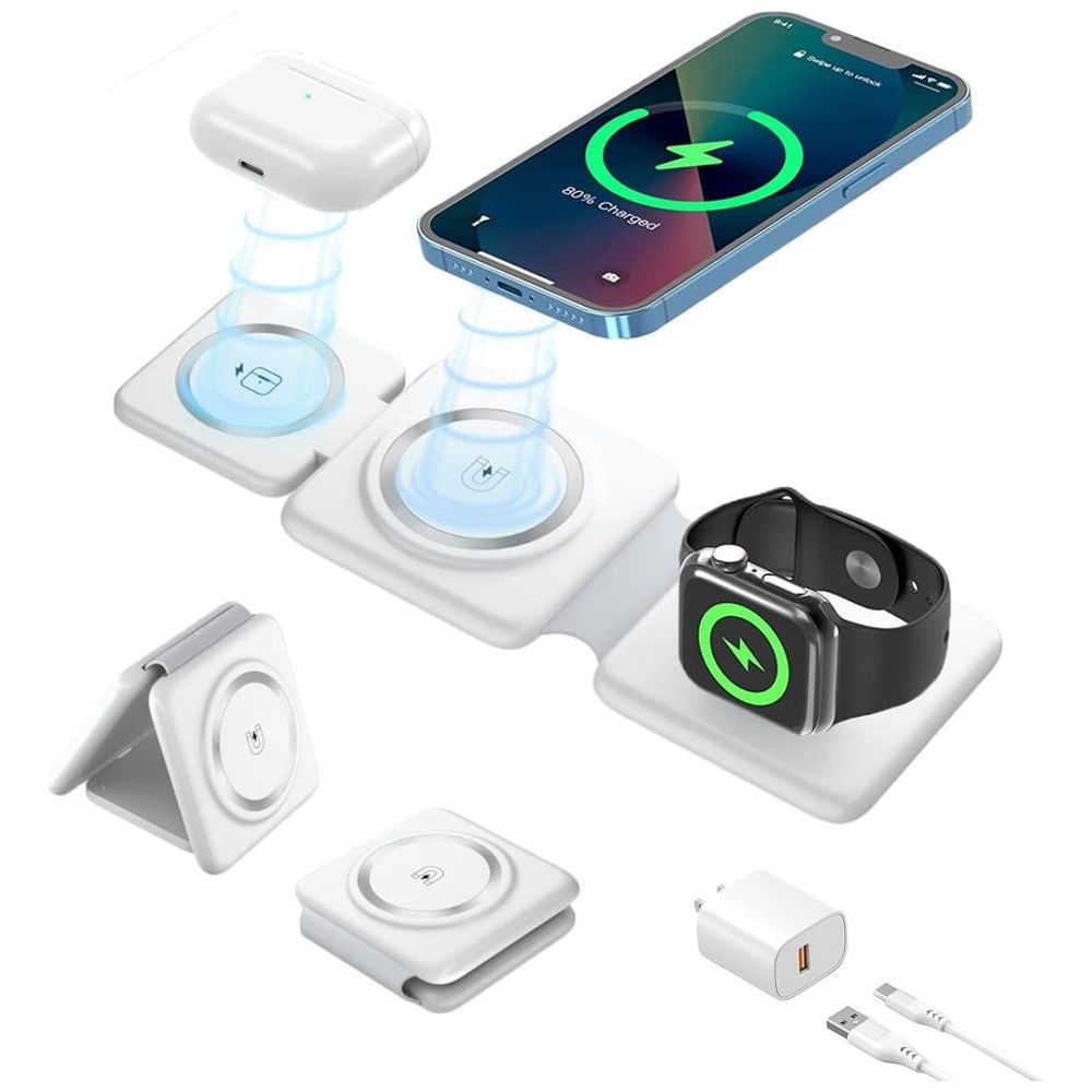 No Brand 3-in-1 Wireless Charger, Foldable Induction Charger - 10/3/2.5W - White 10/3/2.5W