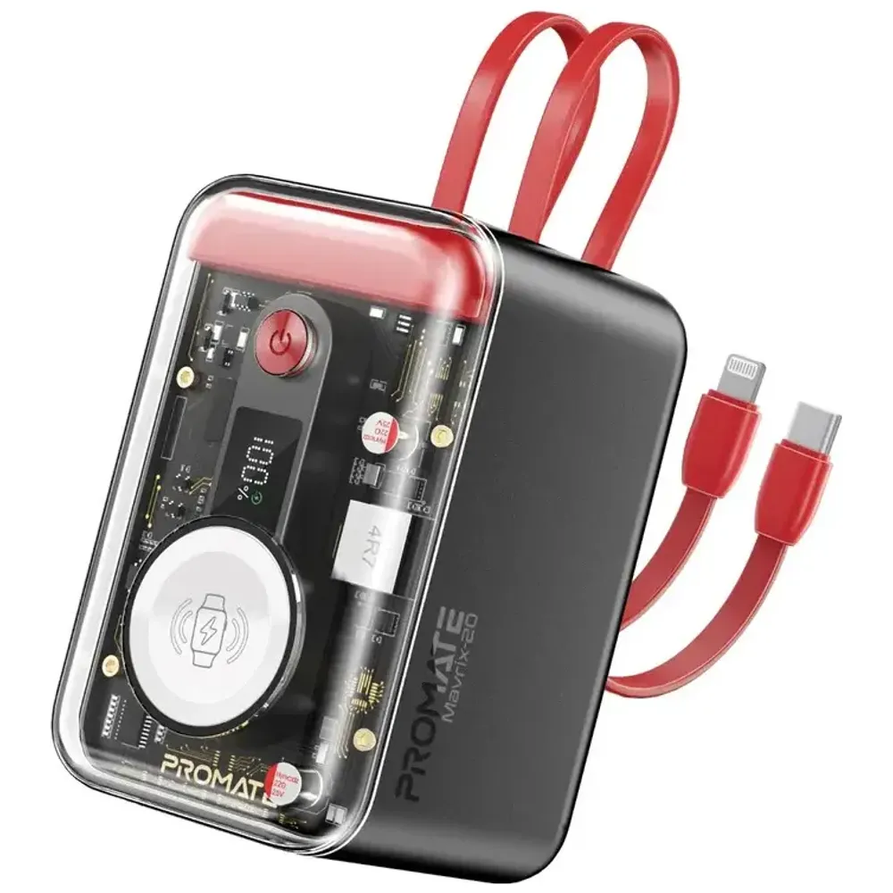 Promate Mavrix 20 Portable Power Bank - 20000mAh - 65W Fast Charging - Built in USB-C & Lightning Cables - Apple Watch Charger - LED Display - Red 20000mAh, 65W – 88,000 IQD Iraq