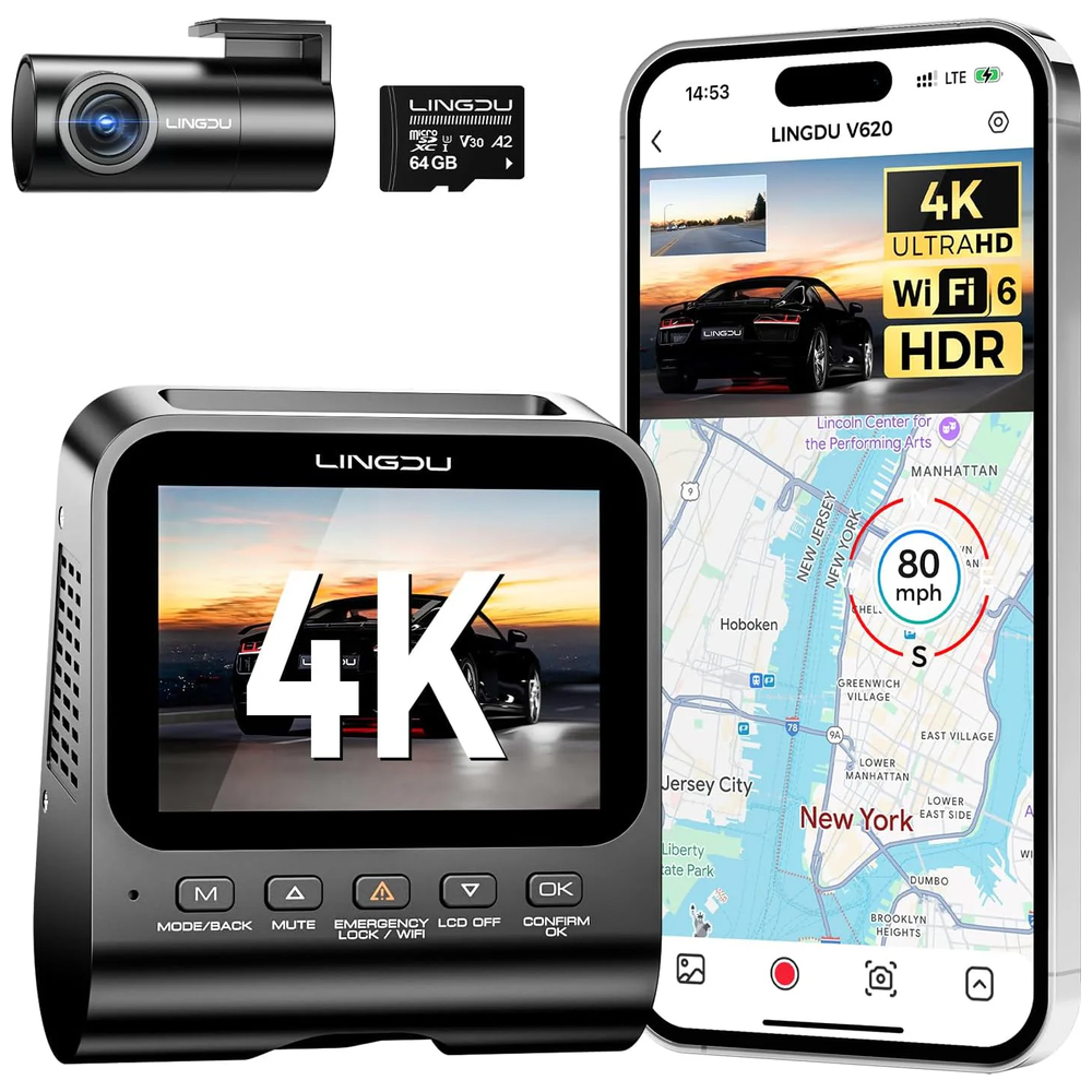 Lingdu V620 - Dash Cam - 4K Resolution - Built-in G-sensor - Black 4K