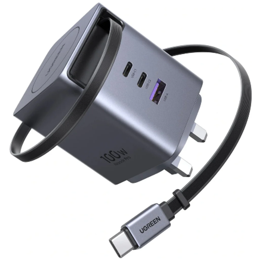 Ugreen Ugreen Nexode Pro Wall Charger - 100W Power - Built-in Retractable Cable - GaN Technology - 3 Ports 100W