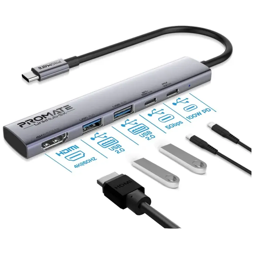 Promate 5 in 1 Multi-Function USB-C Hub - LinkHub 5X - 100W Fast Charging - Compact & Easy to Use Design 100W Fast Charging – 45,000 IQD Iraq