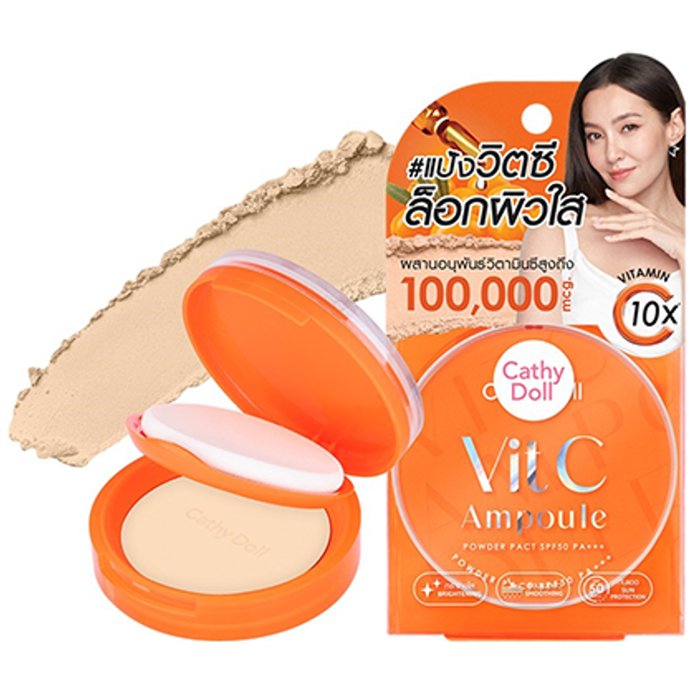 CATHY DOLL Vit C Ampoule Powder Pact SPF 50 for All Skin Types, 03 Medium Beige