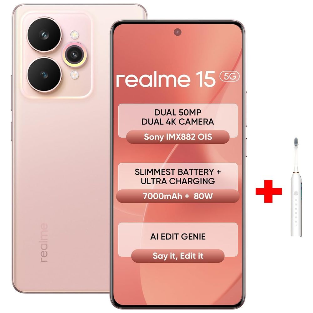 Realme 15 5G - Dual SIM - 6.8" 144Hz AMOLED - MediaTek Dimensity 7300+ - 6500mAh, 80W AI + Tooth Brush 6.8 inch, 6500mAh