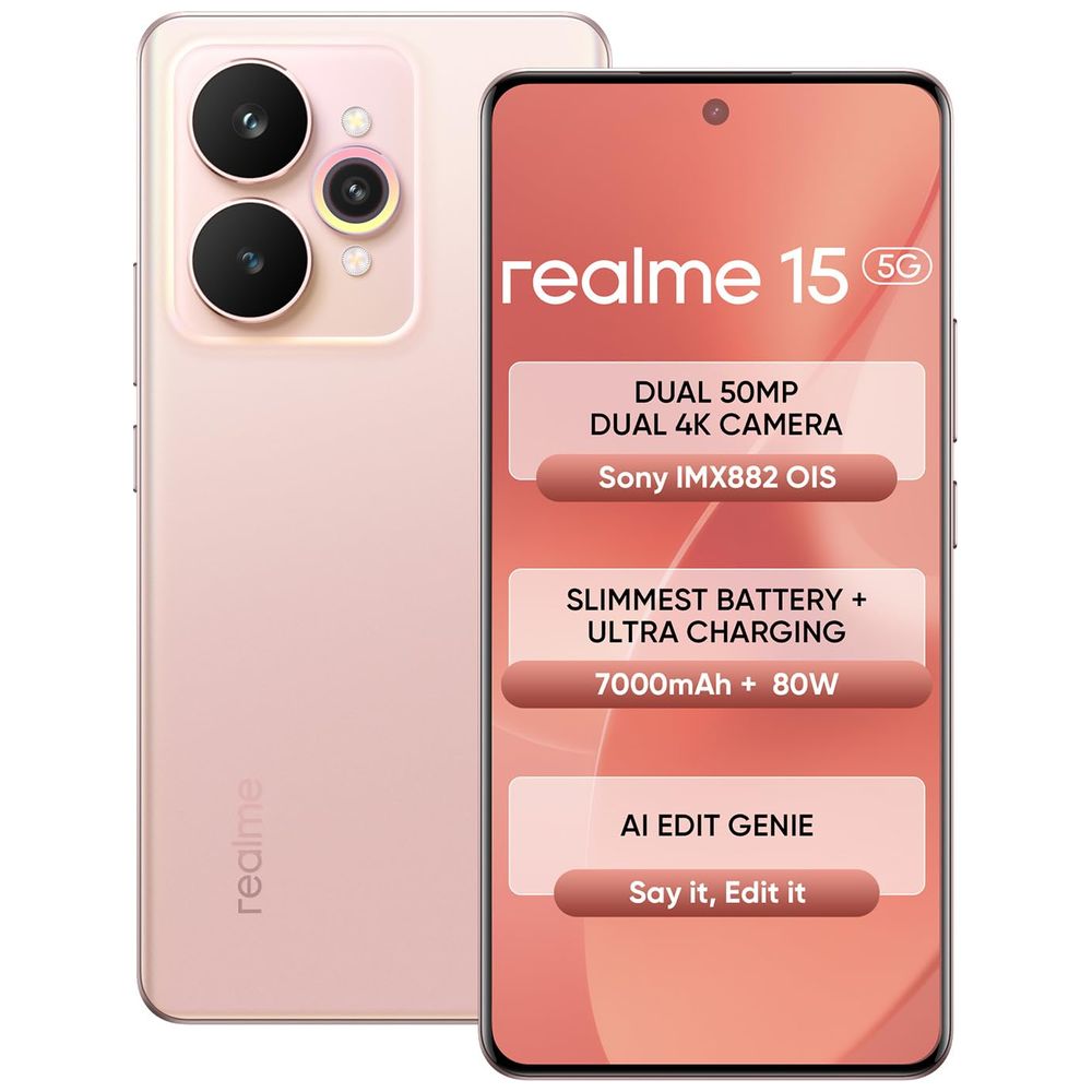 Realme 15 5G - Dual SIM - 6.8" 144Hz AMOLED - MediaTek Dimensity 7300+ - 6500mAh, 80W AI 6.8 inch 144Hz AMOLED, MediaTek Dimensity 7300+, 6500mAh, 80W AI