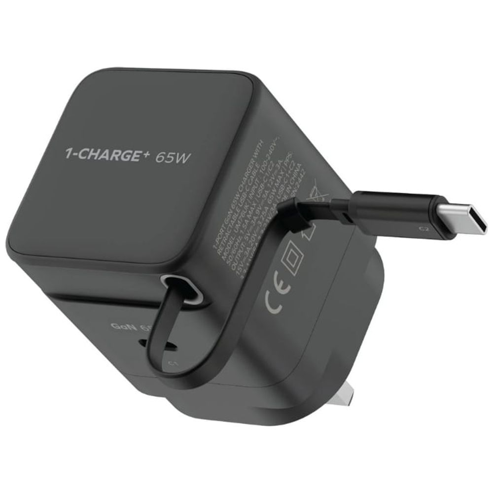 Momax Momax Charger - Up to 65W fast charging - Ports: 1 × USB-C + 1 built-in retractable USB-C cable - Black 65W