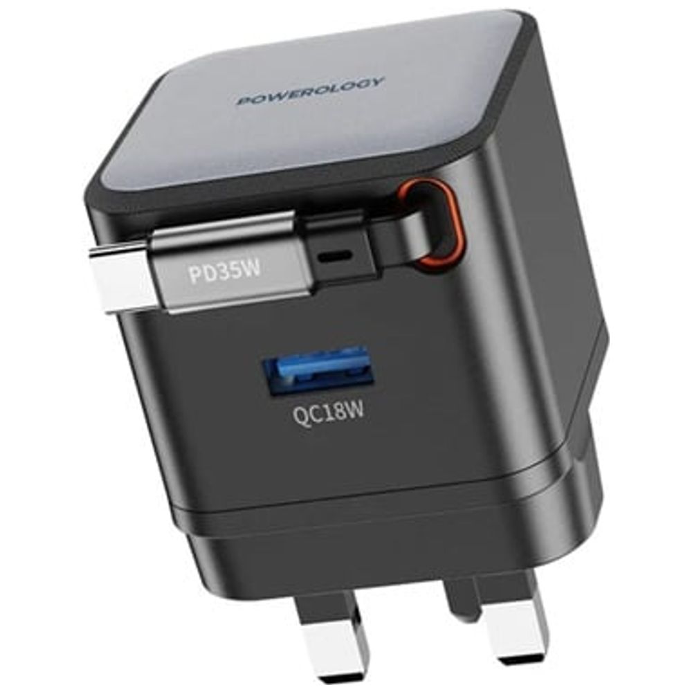 Powerology - Wall Charger - Dual-Port - 35W - Retractable Cable - Black 35W, Dual-Port, Retractable Cable – 32,000 IQD Iraq