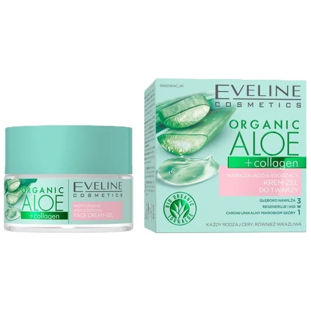 إيفلين كوزمتيكس كريم-جل وجه مرطب ومهدئ بالصبار العضوي والكولاجين - يرطب ويهدئ ويحمي البشرة، 50 مل