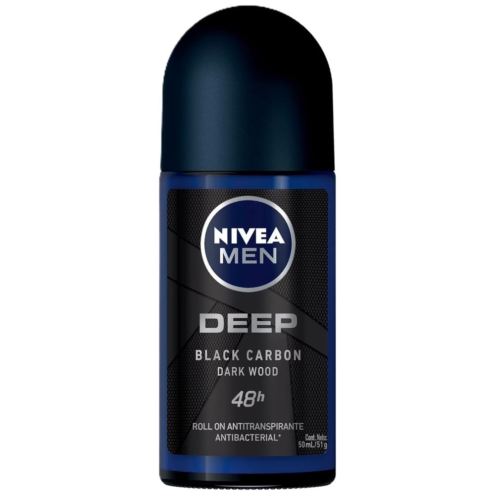 Nivea MEN Deep Black Carbon Dark Wood Roll-On Deodorant - 48-hour antibacterial protection, 50 ml