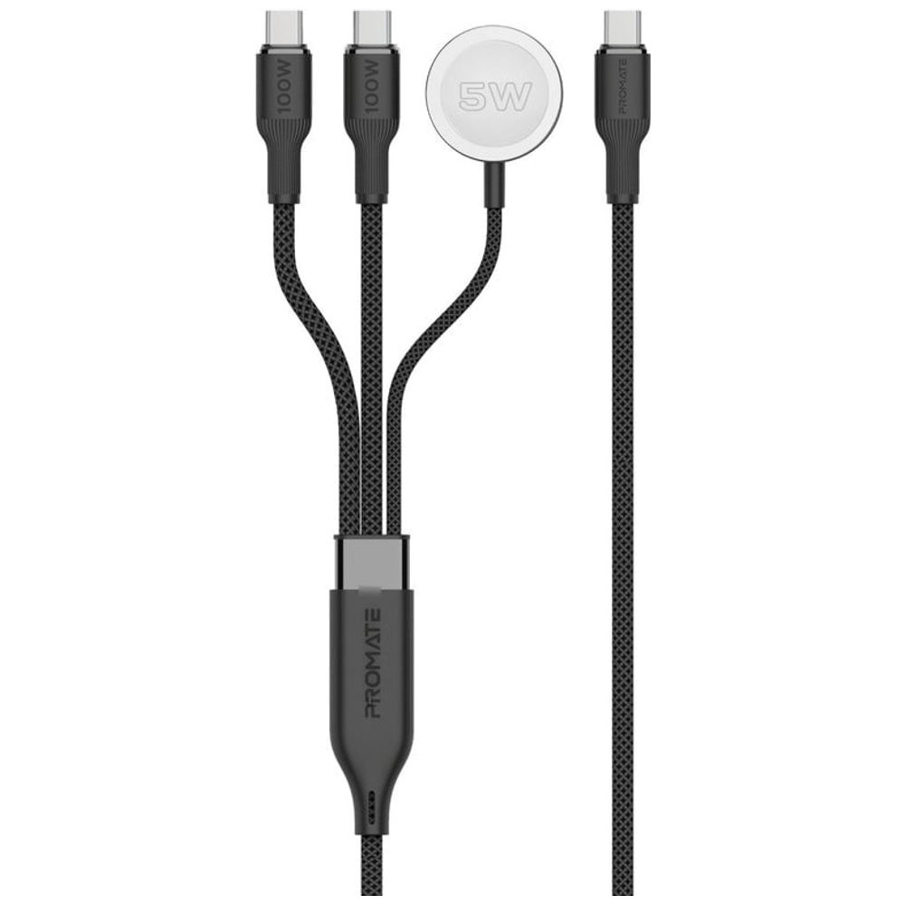 Promate Charging Cable - 100W - with 2 USB-C Ports and Apple Watch Charger - 1.4m - Black 100W, 1.4m – 35,000 IQD Iraq