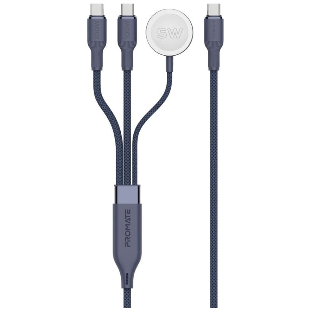 Promate Promate Charging Cable - 100W - with 2 USB-C Ports and Apple Watch Charger - 1.4m - Blue 100W - 1.4m