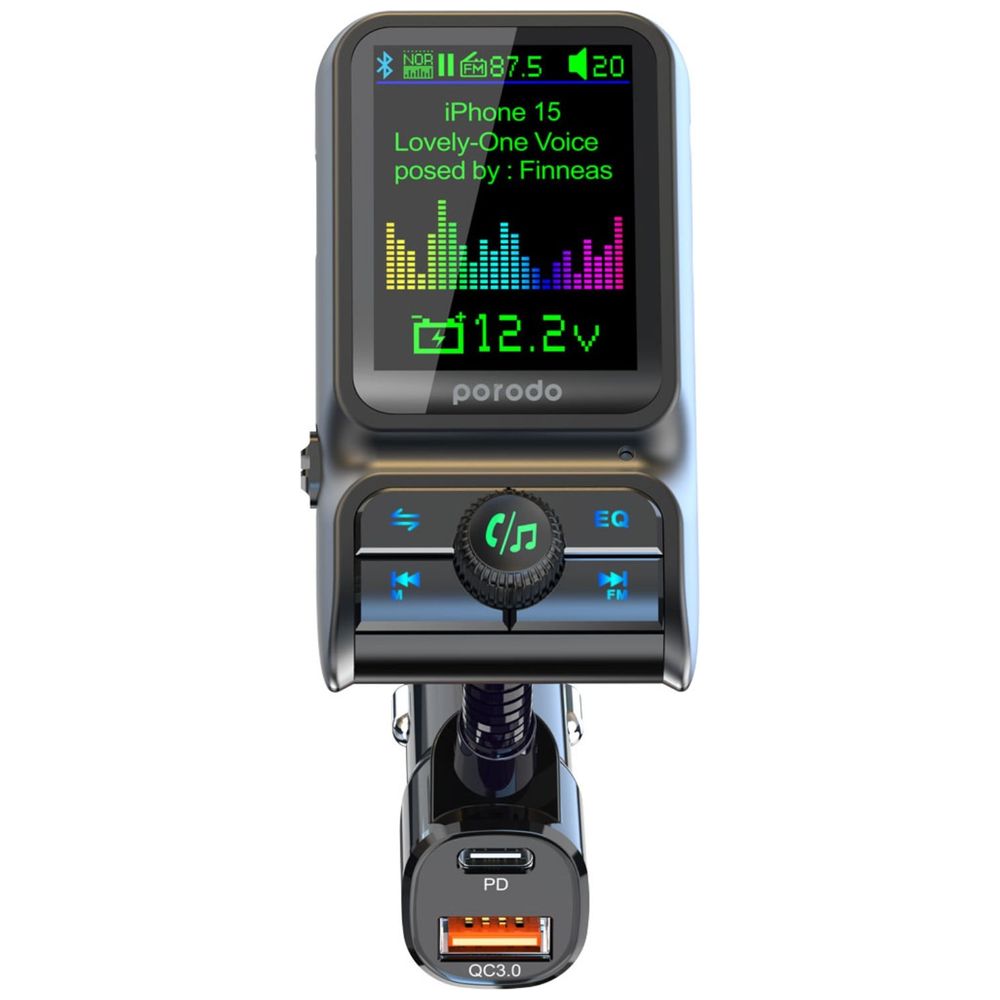 Porodo Car Charger - Dual-Port FM Regulator - Bluetooth 5.0 - 1.77-inch Color Screen - Black 1.77-inch – 17,500 IQD Iraq