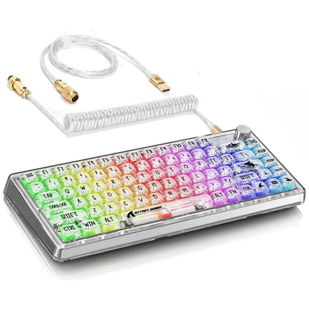 Attack Shark K75 Transparent Mechanical Keyboard - Gasket Design - Supports QMK/VIA - Linear Keys - Transparent Keycaps - RGB Backlighting - Includes a Control Knob - Coiled Cable - White – 61,750 IQD Iraq