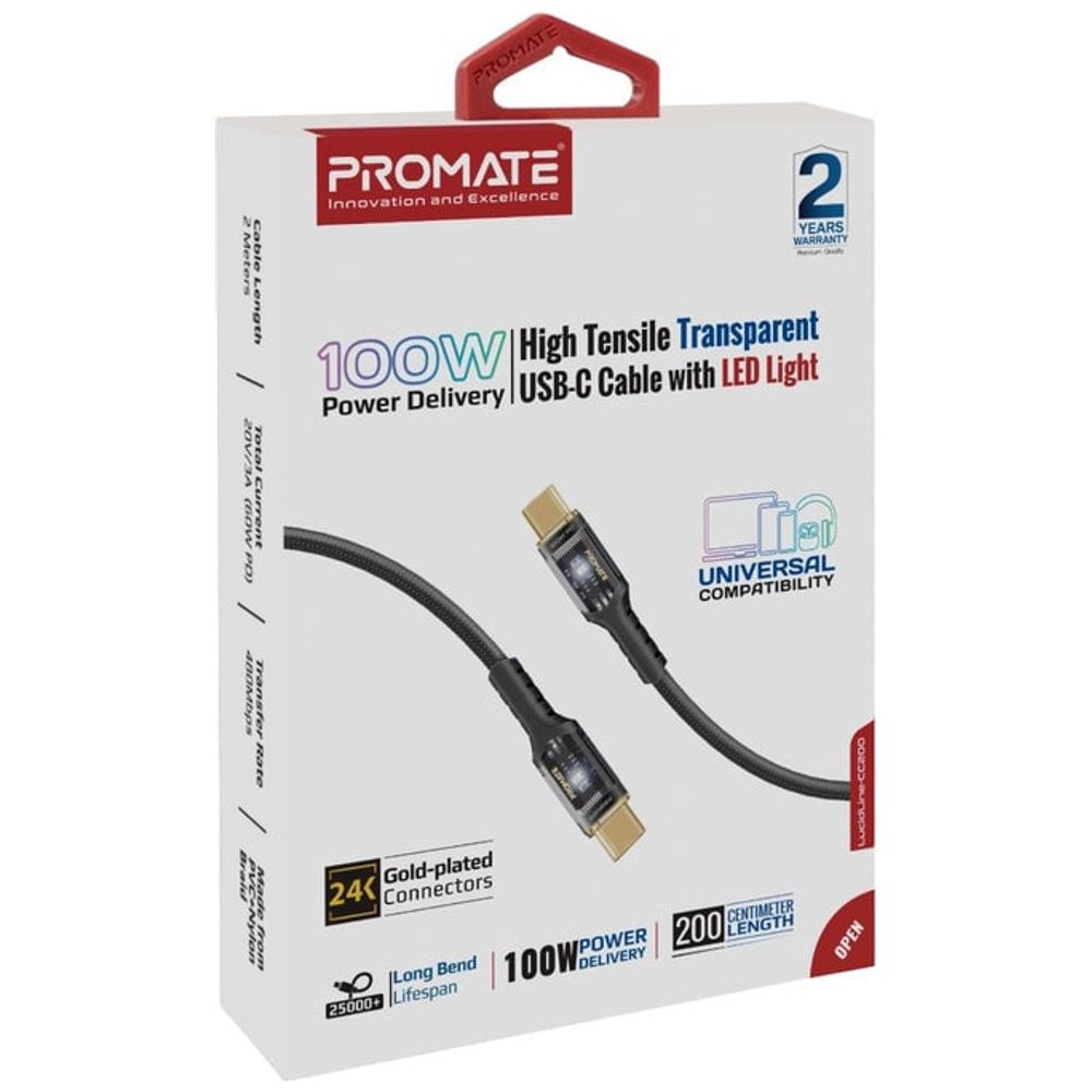 Promate Promate Charging Cable - USB-C to USB-C - 100W - LED Light - 2 m - Black 100W, 2m