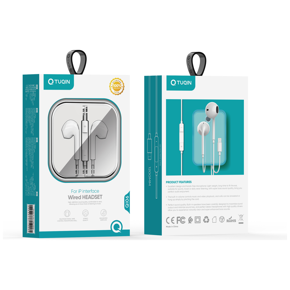 Q-TUQIN - Wired Earphones In-Ear - Lightning Connectivity - TPE Build, Built-in Mic - White – 6,000 IQD Iraq