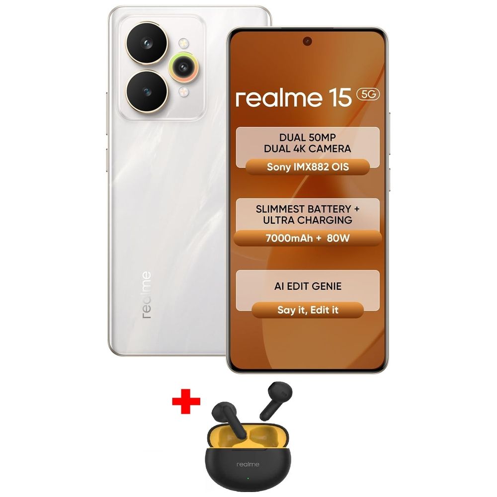 Realme 15 5G - 6.8 inch 144Hz - Dimensity 7300+ 5G - 6500mAh,45W + Realme Earbuds 6.8 inch 144Hz, 6500mAh