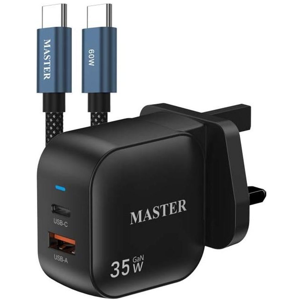 Master Master MSCH2PTCA60W BK - Wall Charger - 2 Ports - 35W - with USB-C to USB-C Cable - 60W - Black 35W – 27,000 IQD Iraq