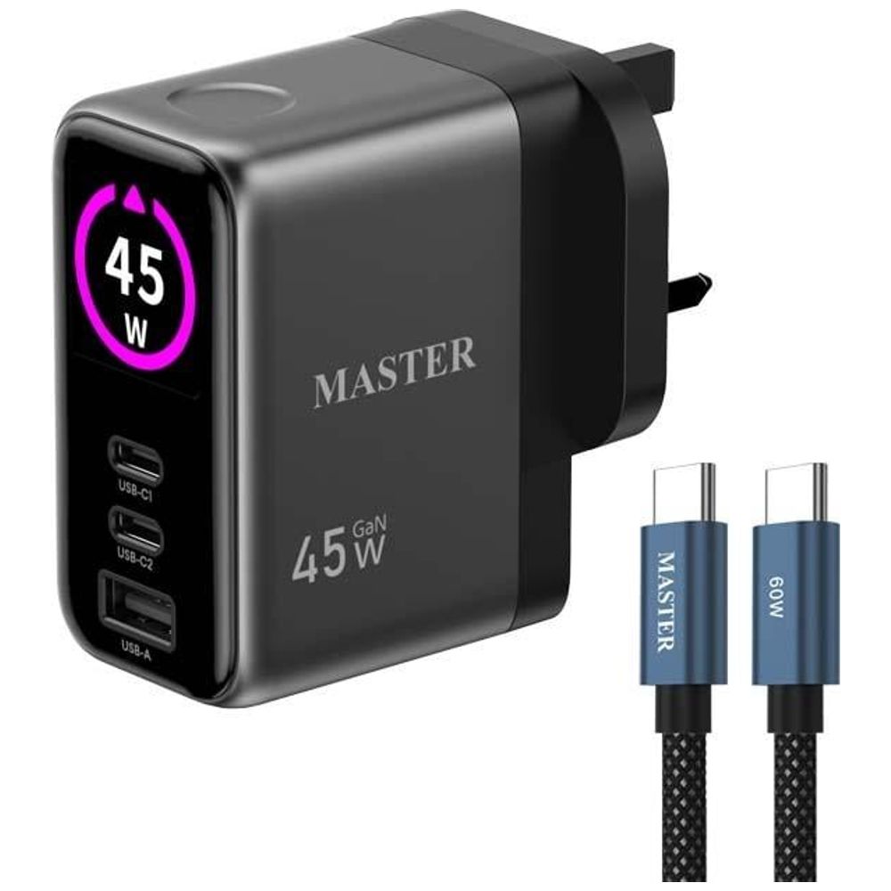 Master Master MSCH45WCTOC GY - Wall Charger - 45W - 3 Ports - with USB-C to USB-C Cable - 60W - Gray 45W, 3 Ports – 45,000 IQD Iraq