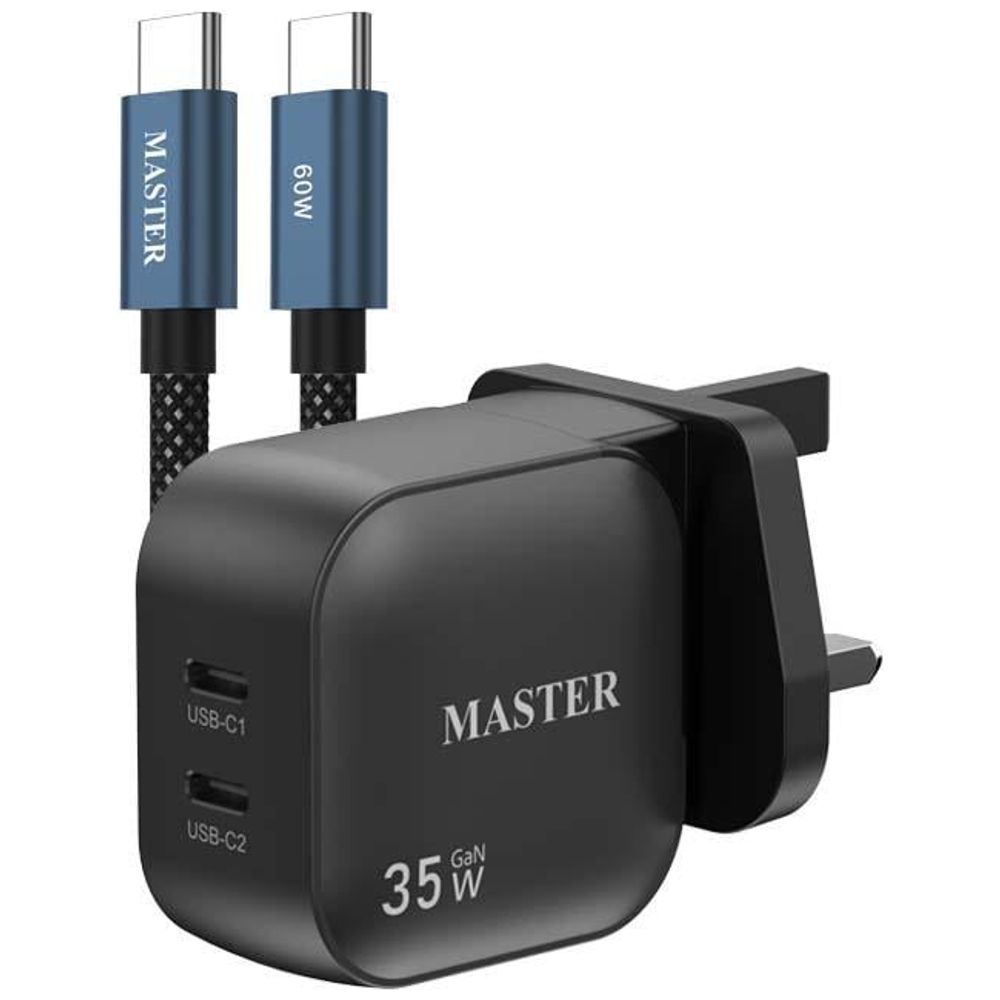 Master Master MSCH2PTC60W BK - Wall Charger - 2 Port - 35W - with USB-C to USB-C Cable - 60W - Black 35W – 25,000 IQD Iraq