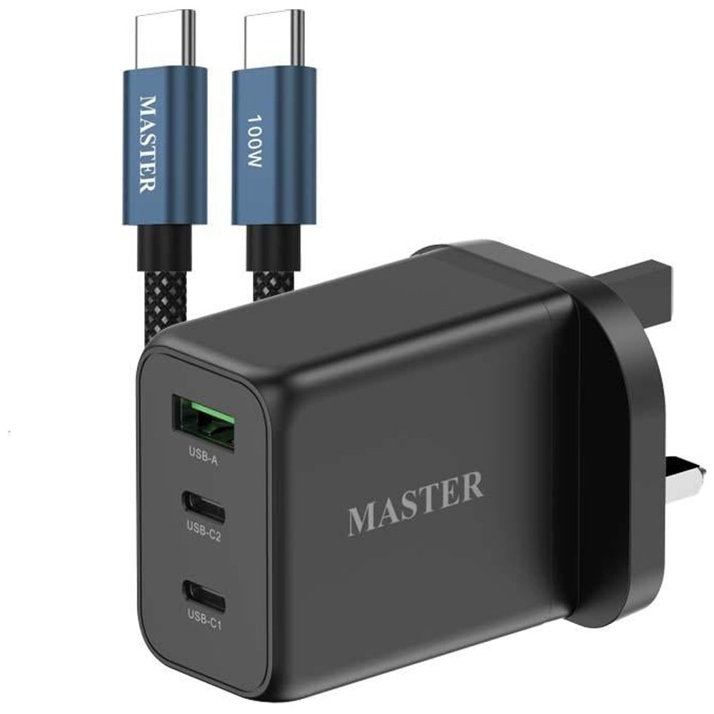 Master Master MSSUFCH65WCL BK - Wall Charger - 65W - 3 Ports - with USB-C to USB-C Cable - 100W - Black 65W, 3 Ports – 45,000 IQD Iraq