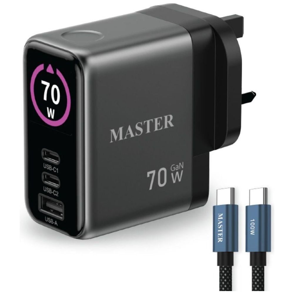 Master Master MSCHGFCH70W GY - Wall Charger - 70W - 3 Ports - with USB-C to USB-C Cable - 100W - Gray 70W, 3 Ports – 60,000 IQD Iraq