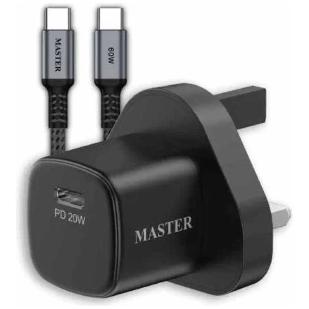 Master Master MSPDCH20WCC60 BK - Wall Charger - 1 Port - 20W - with USB-C to USB-C Cable - 60W - Black 20W