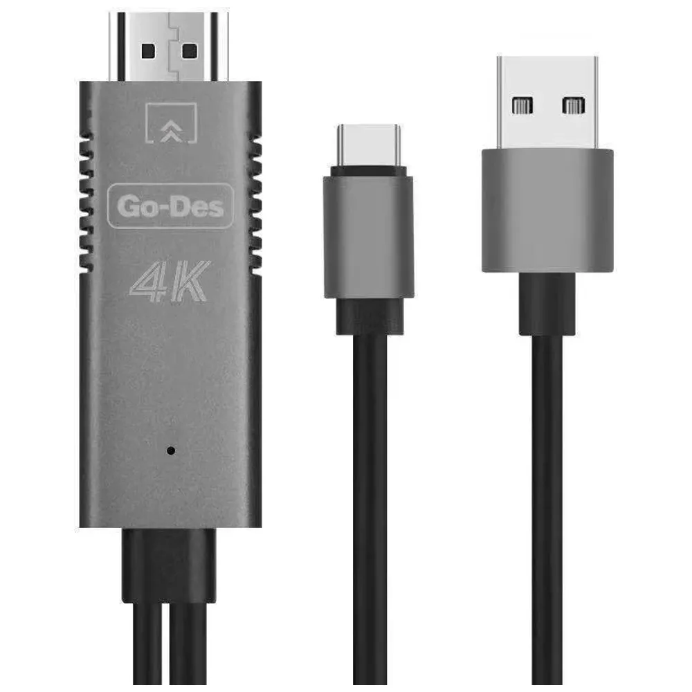 Go-Des Go-Des - USB-C to HDMI Display Cable - 4K UHD -  USB-A power supply included - Silver 4K UHD