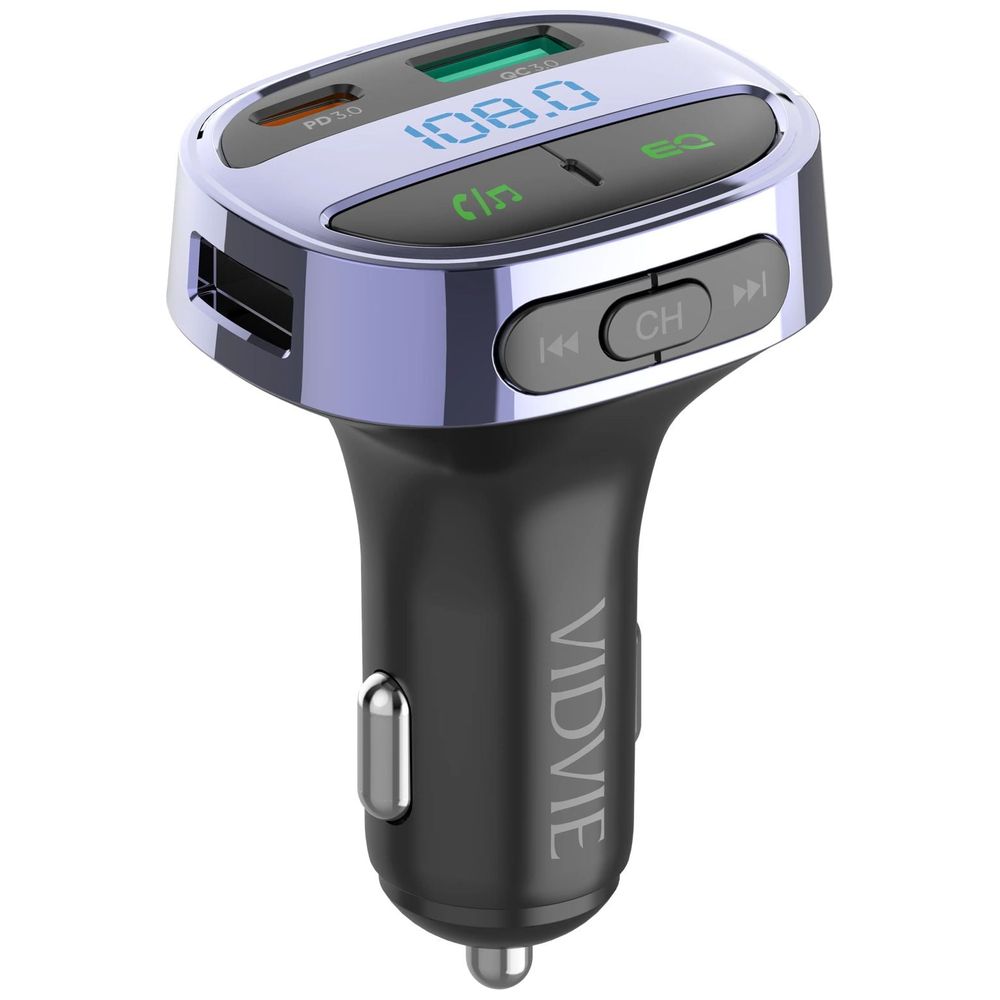 VIDVIE VIDVIE - Car Charger - Dual Ports USB-A & USB-C - with FM Transmitter - 48W Fast Charge & Hands-Free Calls - Black 48W