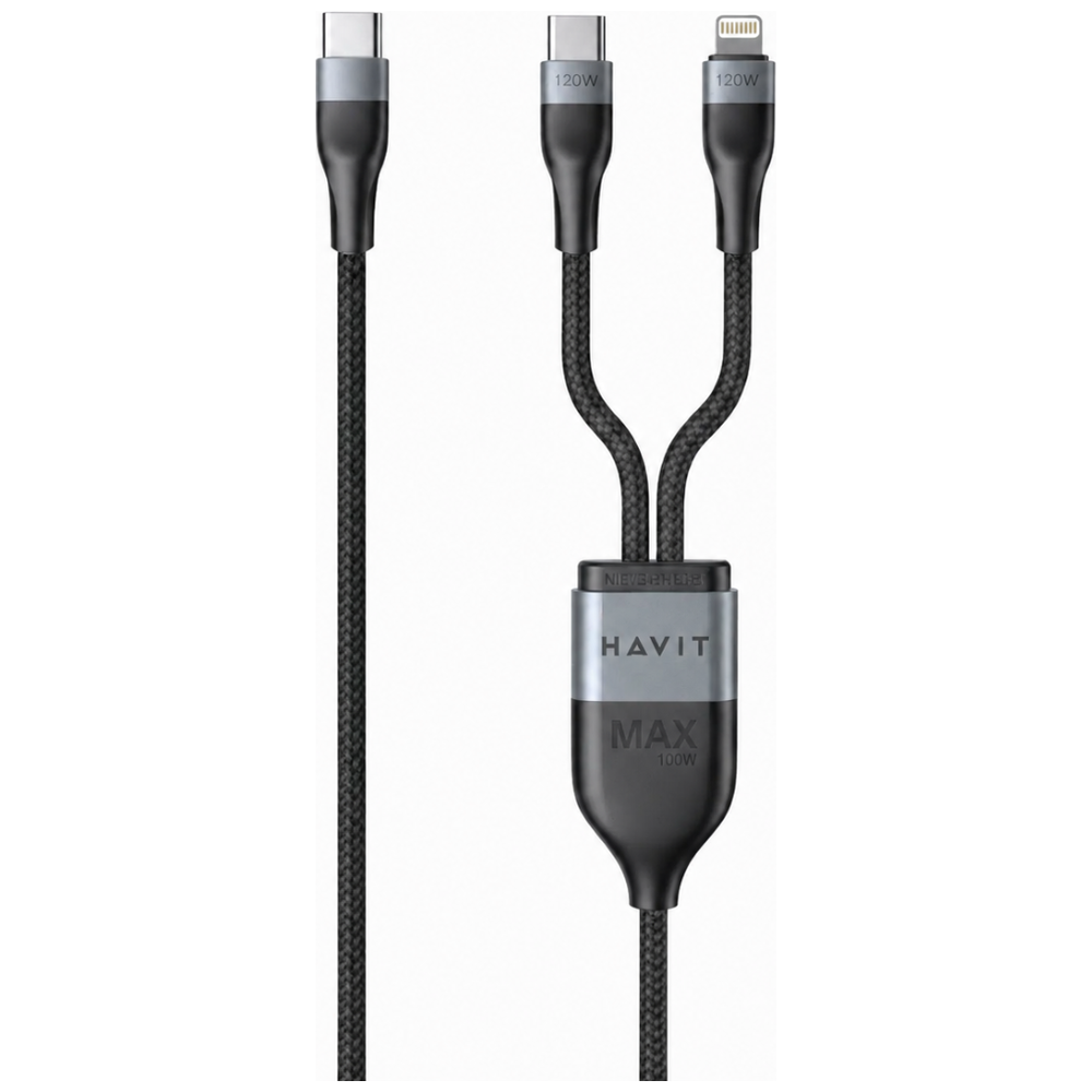 Havit 2 in 1 Cable - 1.2m - 100W - Black 1.2m, 100W, 2 in 1 – 25,000 IQD Iraq