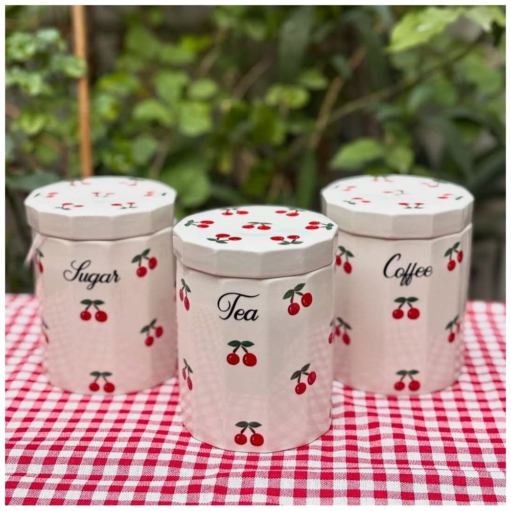 Cherry Pattern Ceramic Storage Jar Set - 3Piece - White