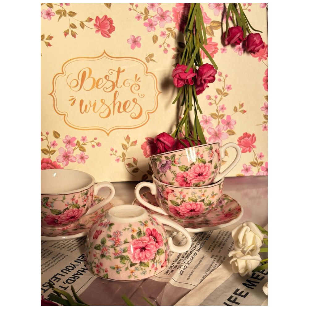 Floral Porcelain Espresso Coffee Cup Set - 6 Piece - Pink