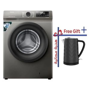  غسالة هايسنس فتحة امامية - 8 كغم - 1200 دورة بالدقيقة - WFQP8012JT/S - سلفر + غلاية هايسنس - سعة 1.7 لتر - فلتر قابل للإزالة - H17KSSS2 - سلفر 