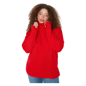 Trendyol Curve Cinnamon Turtleneck Dropped Shoulder Knit Sweater - Red