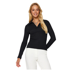 Trendyolmilla Textured Slim Half Pat Polo Collar Flexible Knitted Blouse - Black