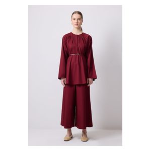 طقم سروال بلوزة مزودة بحزام - Burgundy / S/M