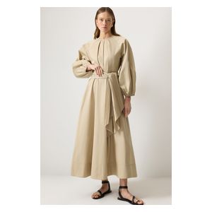 DRESS WITH PLEATED BELT - Beige / L/XL