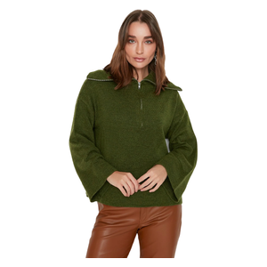 بلوزة نسائية ذات ياقة عالية ترينديول ميلا - خاكي