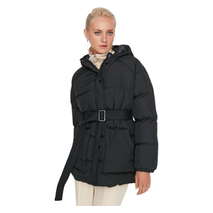 Trendyolmilla Women's Oversize Belted Hooded Water Repellent Puffer Coat - Black