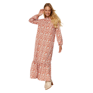 Trendyol Modest Women's Patterned Half Patchwork Ruffled Hem Lined Woven Dress - Red