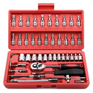  سوكت طقم مفاتيح ربط ولقم صيانة منزلية - 1/4 إنج - 46 قطعة - 46pcscrv - أحمر 