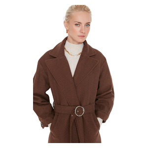 Trendyolmilla Women’s Round Belt Long Wool Cashmere Coat - Brown