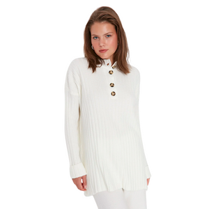 Trendyol Modest Women's Collar Buttoned Ribbed Knitwear Sweater - White