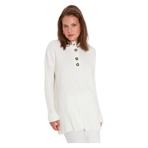 Trendyol Modest Women's Collar Buttoned Ribbed Knitwear Sweater - White