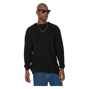 Trendyol Man Men's Oversize Fit Wide Fit Crew Neck Slit Knitwear Sweater - Black