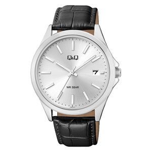  Q&Q Watch A484J301Y For Men - Analog Display, Leather Band -Black 
