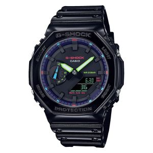 ساعة كاسيو للرجال GA-2100RGB-1ADR - عرض بعقارب, سوار من راتنج - اسود 