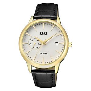  Q&Q Watch A12A-005PY For Men - Analog Display, Leather Band - Black 